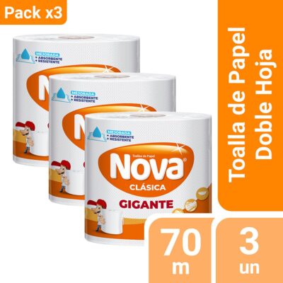 Pack 03 Papel Toalla Nova Gigante Doble Hoja 1 un 70 mts