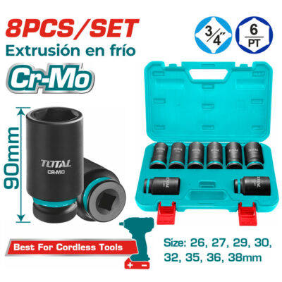SET DADOS IMPACTO LARGO 3/4 PULG 8PCS 26-38MM CR-MO MALETIN INDUSTRIAL