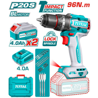 TALADRO PERCUTOR LI-ION 20V 96NM 13MM 2×4.0AH BRUSHLESS +ACC MALETIN INDUSTRIAL