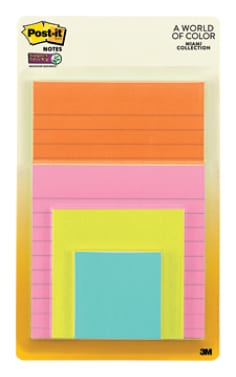 Notas Super Adhesivas Post-it®, Colección Miami, Multi Tamaños, 4 Bloques/Paquete, 45 Hojas/Bloque
