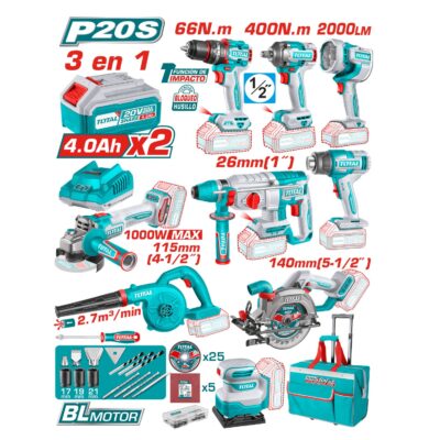 MEGA COMBO PROFESIONAL INDUSTRIAL 9 PIEZAS TALADRO + LLAVE IMPACTO + SOPLADORA + PISTOLA D/CALOR + ESMERIL + LIJADORA + ROTOMARTILLO + 2BAT. 4.0AH + CARGADOR + MALETIN (TOSLI250181)